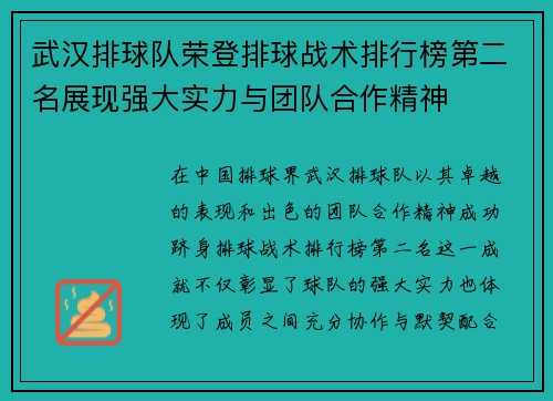 武汉排球队荣登排球战术排行榜第二名展现强大实力与团队合作精神